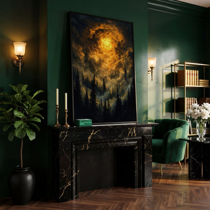 Burning Sky Over Evergreen Forest Canvas Wall Art in black floating frame