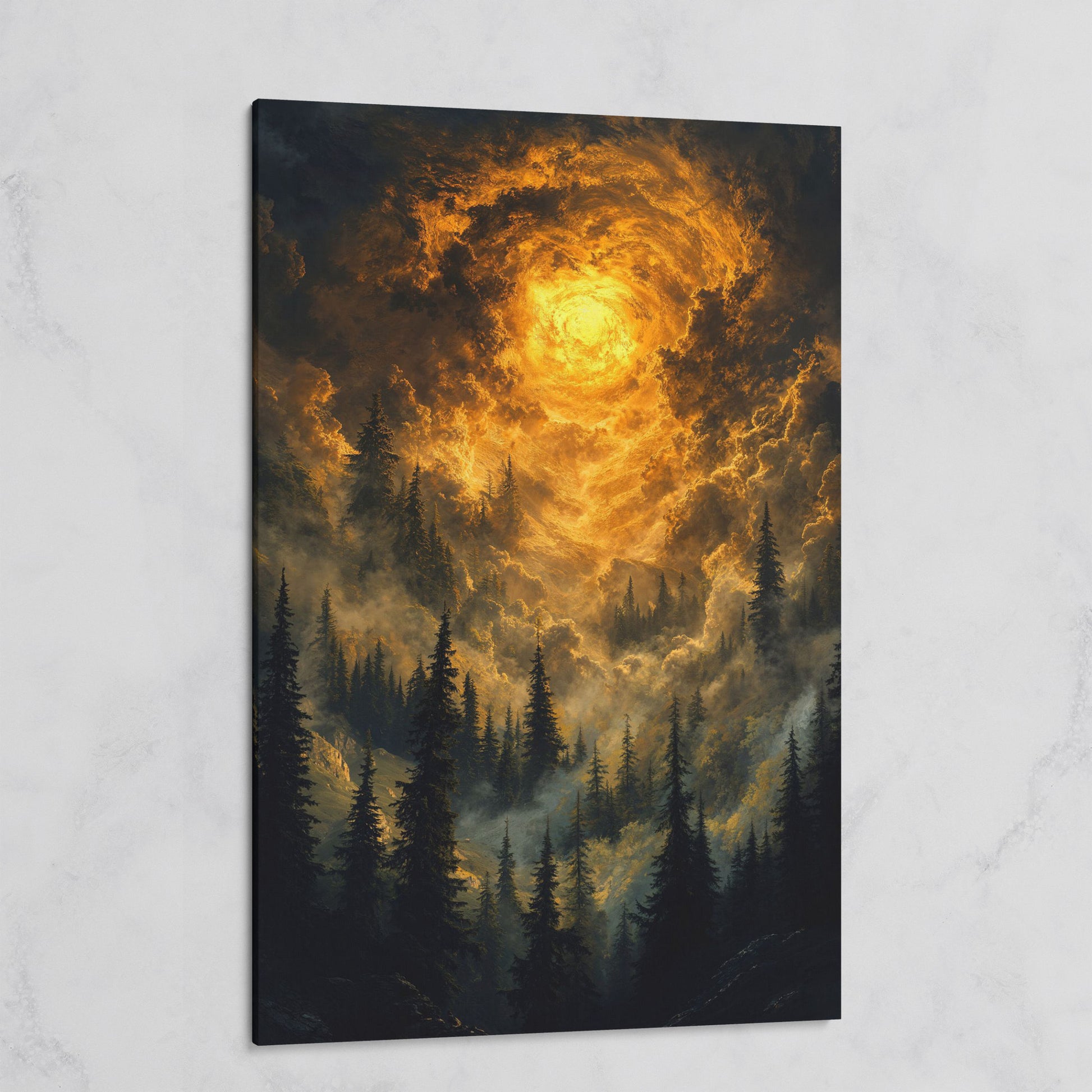 Burning Sky Over Evergreen Forest Canvas Wall Art on gallery wrap