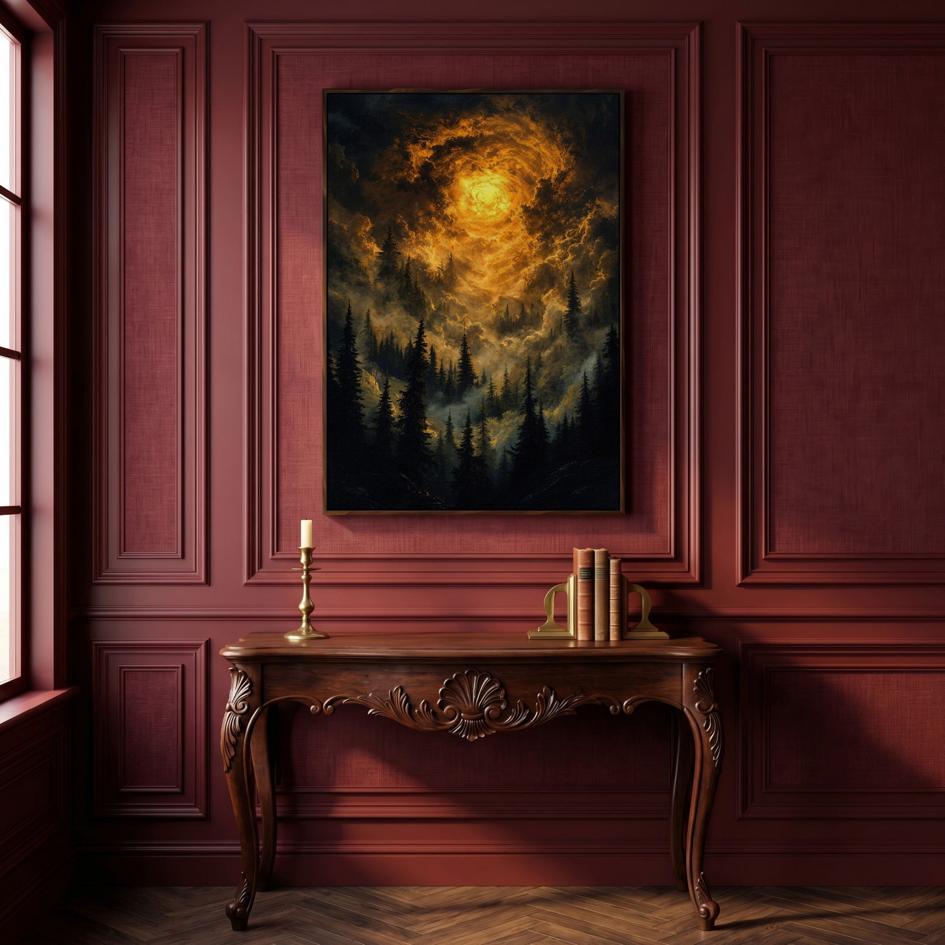 Burning Sky Over Evergreen Forest Canvas Wall Art in dark walnut floating frame