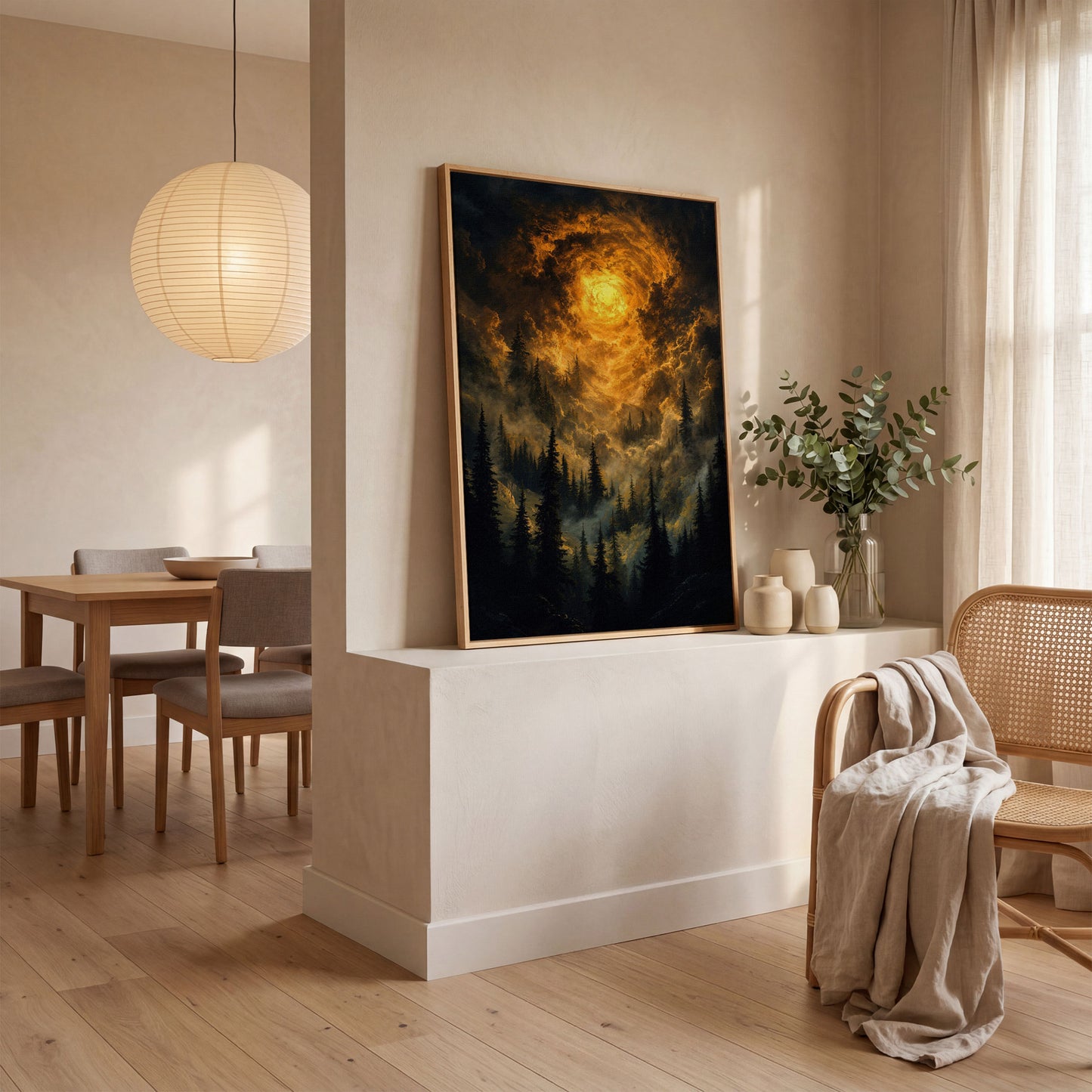 Burning Sky Over Evergreen Forest Canvas Wall Art in white oak floating frame