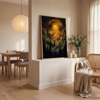 Burning Sky Over Evergreen Forest Canvas Wall Art in white oak floating frame