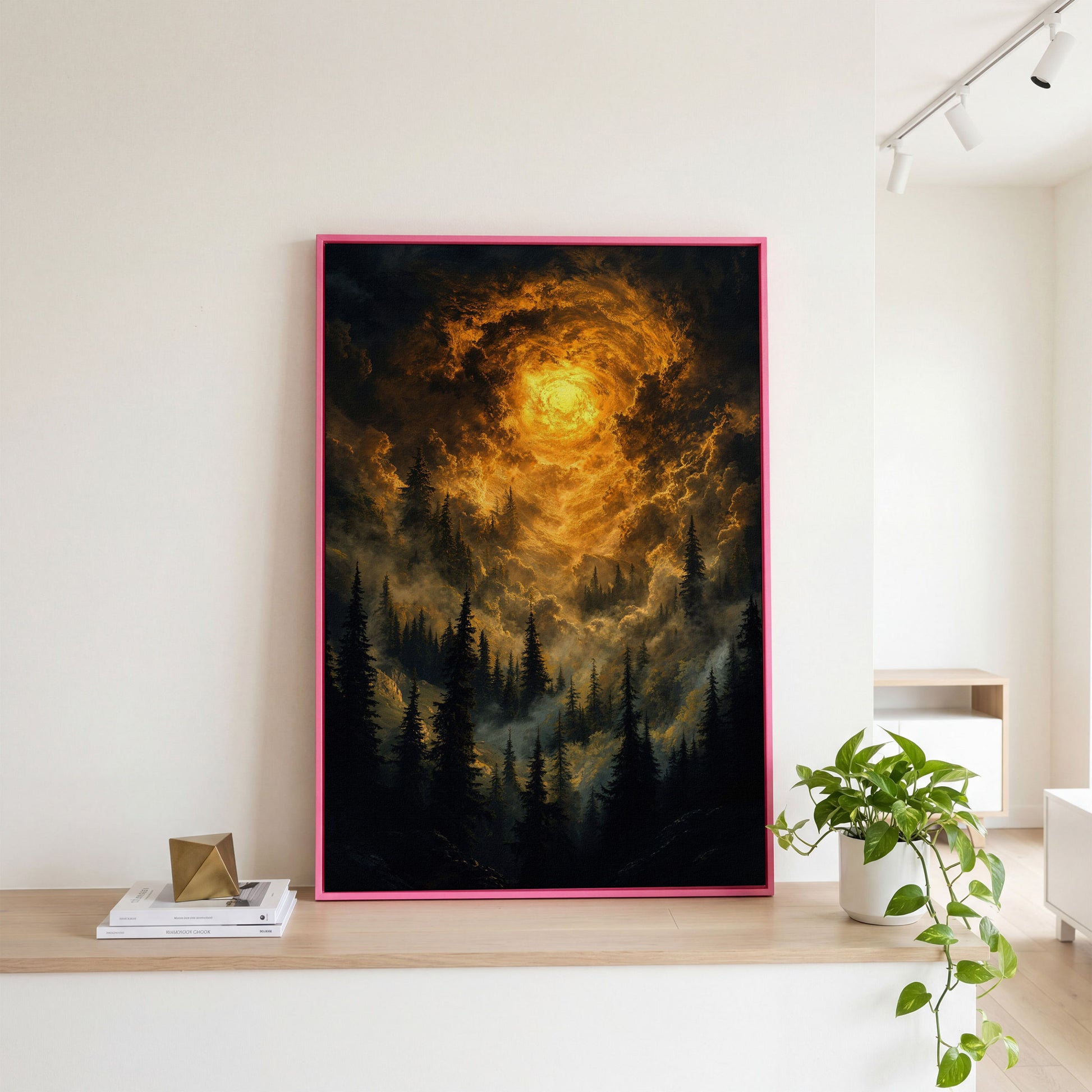 Burning Sky Over Evergreen Forest Canvas Wall Art in pink floating frame