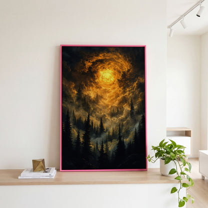 Burning Sky Over Evergreen Forest Canvas Wall Art in pink floating frame