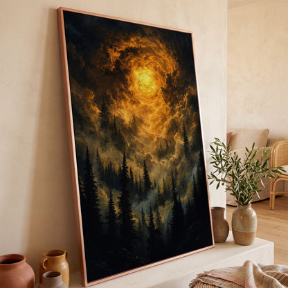 Burning Sky Over Evergreen Forest Canvas Wall Art in rose gold floating frame