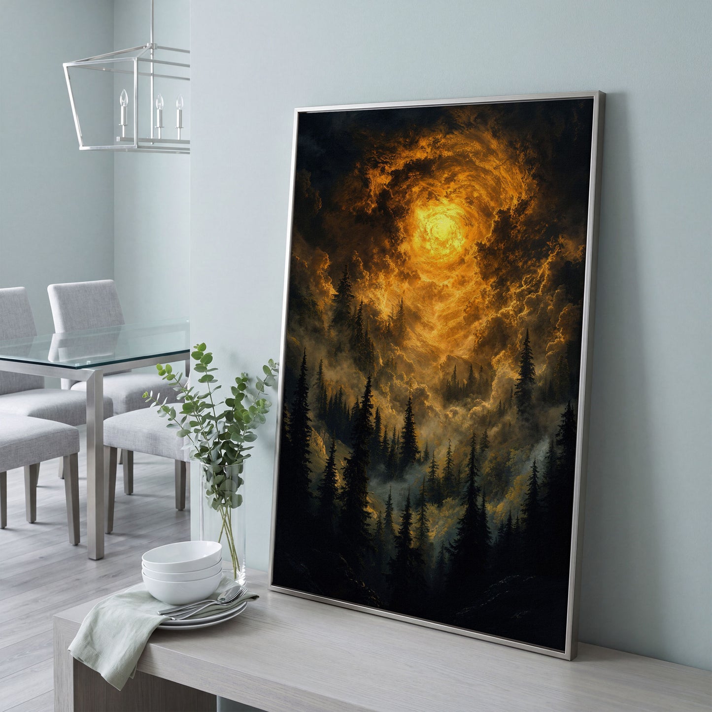 Burning Sky Over Evergreen Forest Canvas Wall Art in silver floating frame