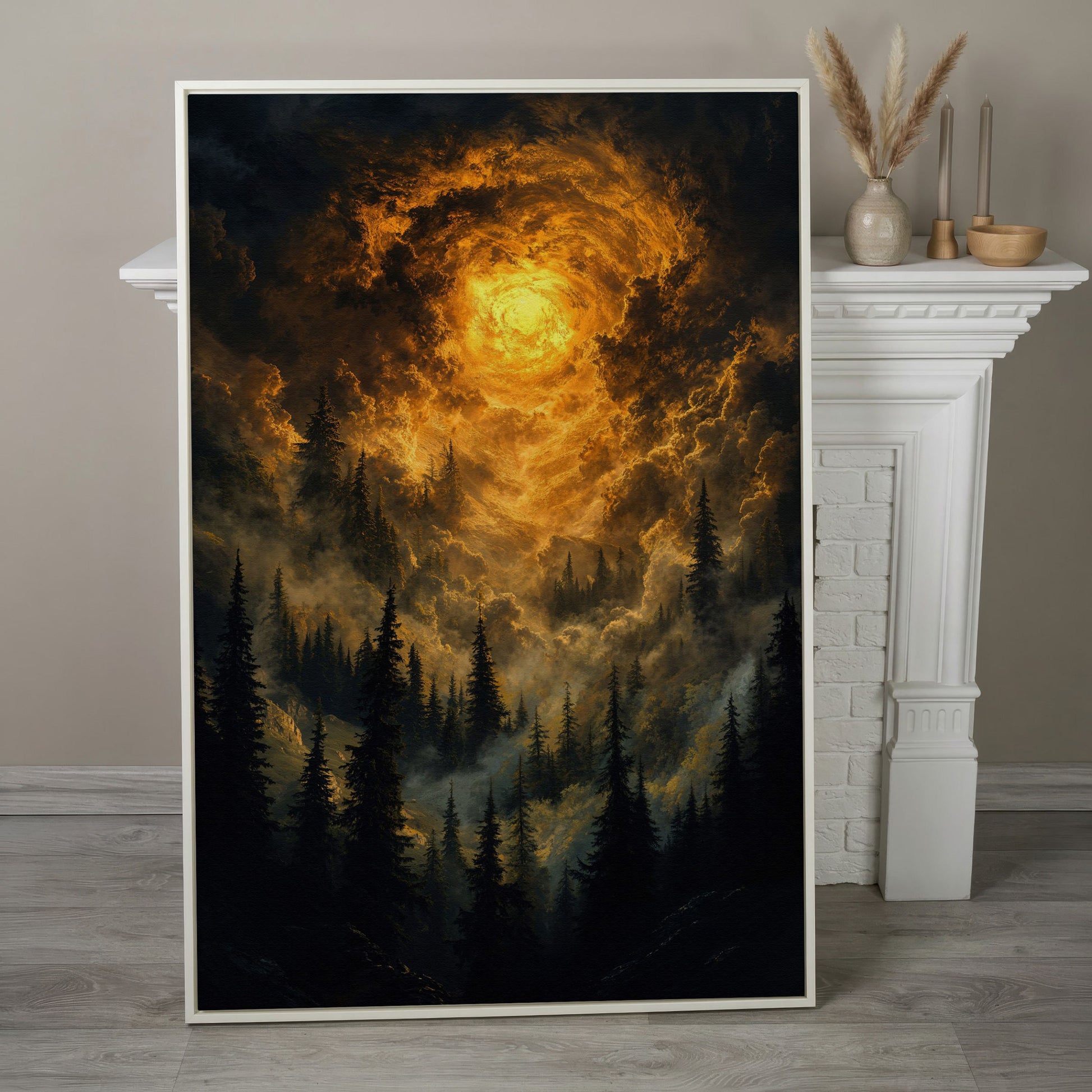 Burning Sky Over Evergreen Forest Canvas Wall Art in white floating frame