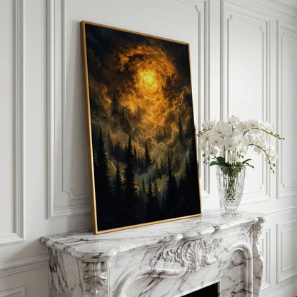 Burning Sky Over Evergreen Forest Canvas Wall Art in yellow gold floating frame