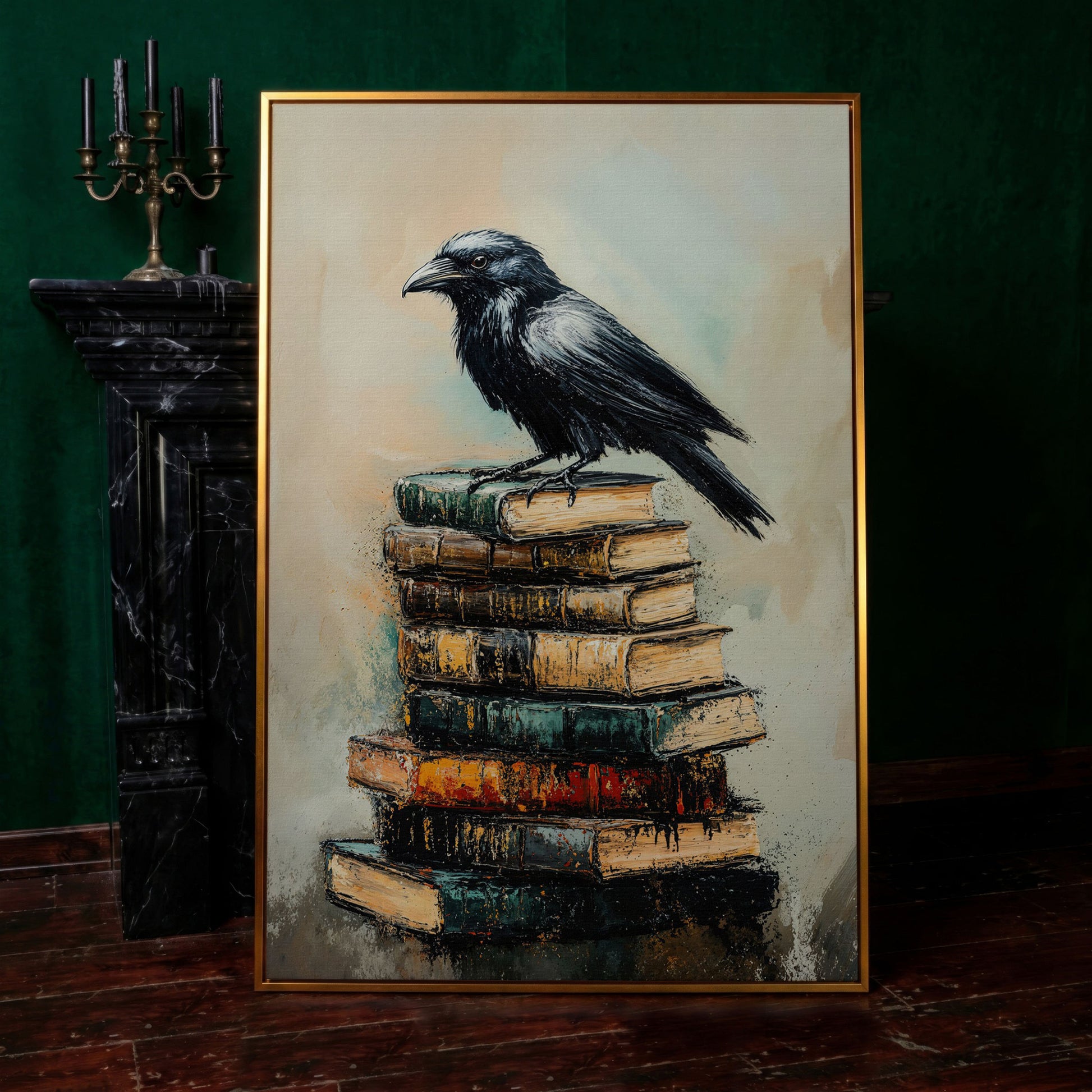 Raven on Book Stack Canvas Print in antique gold floating frame