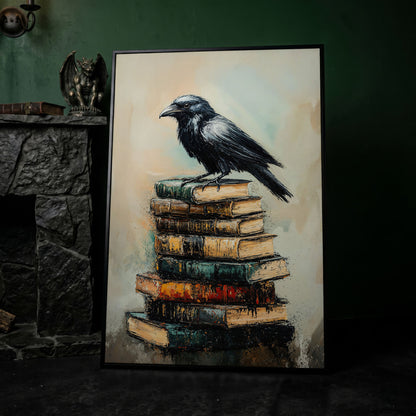 Raven on Book Stack Canvas Print in black floating frame
