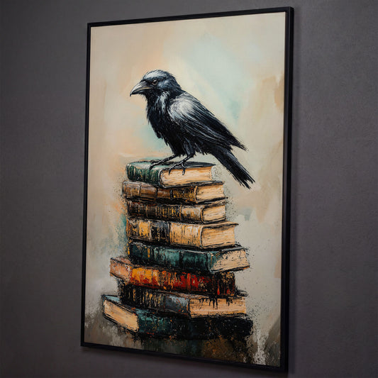 Raven on Book Stack Canvas Print shown in black floating frame