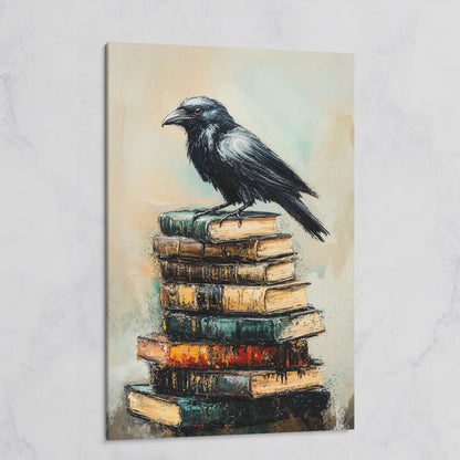 Raven on Book Stack Canvas Print on gallery wrap