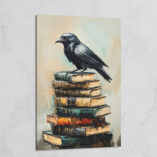 Raven on Book Stack Canvas Print on gallery wrap