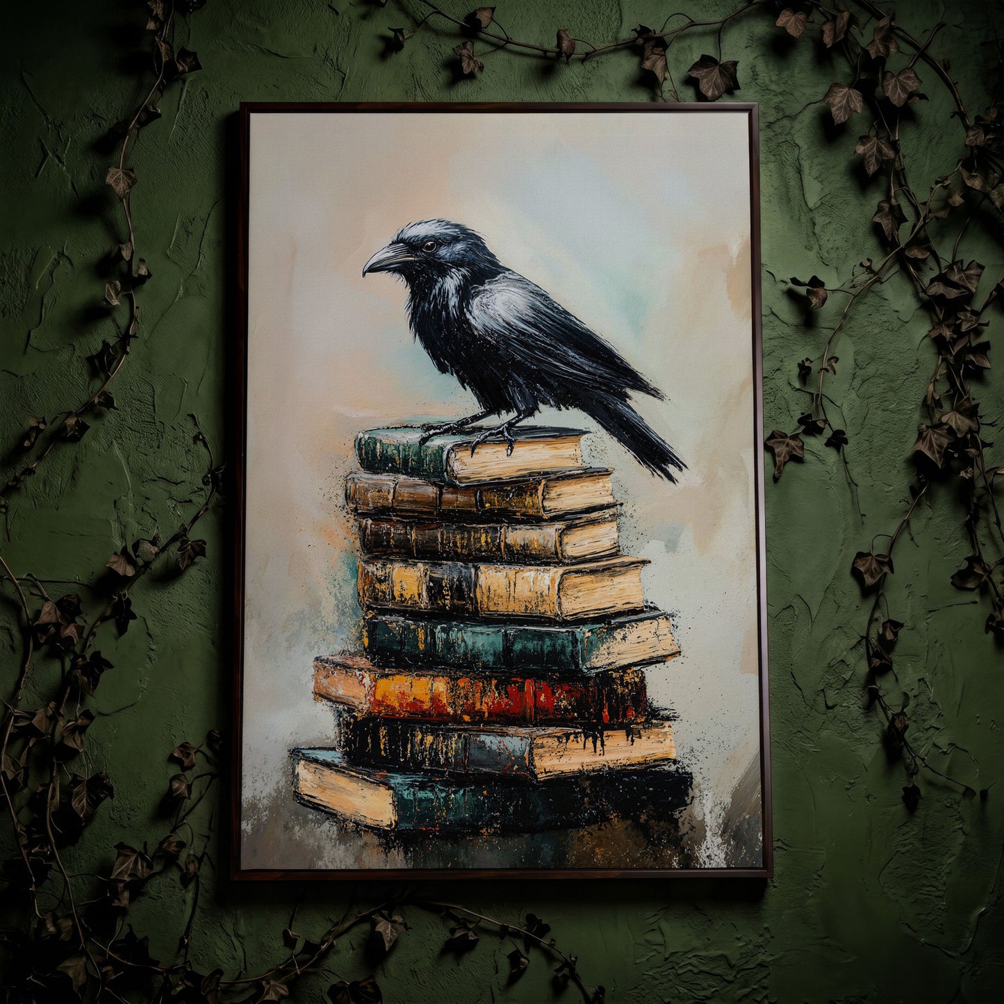 Raven on Book Stack Canvas Print in dark walnut floating frame