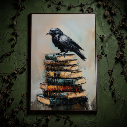 Raven on Book Stack Canvas Print in dark walnut floating frame