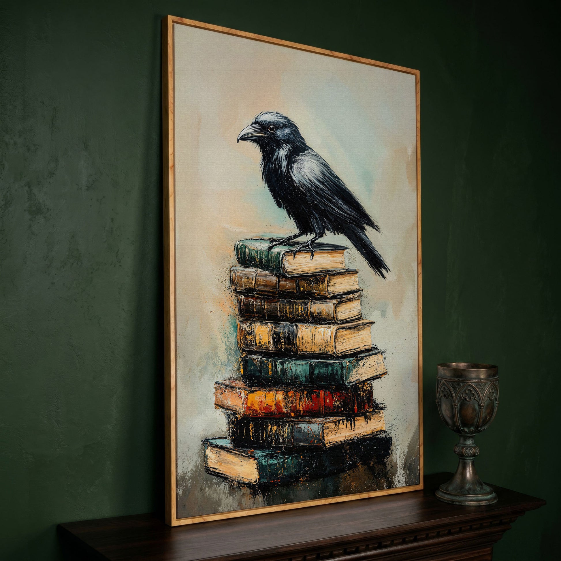 Raven on Book Stack Canvas Print in white oak floating frame