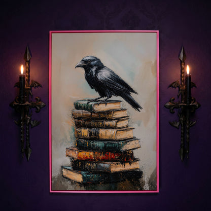 Raven on Book Stack Canvas Print in pink floating frame