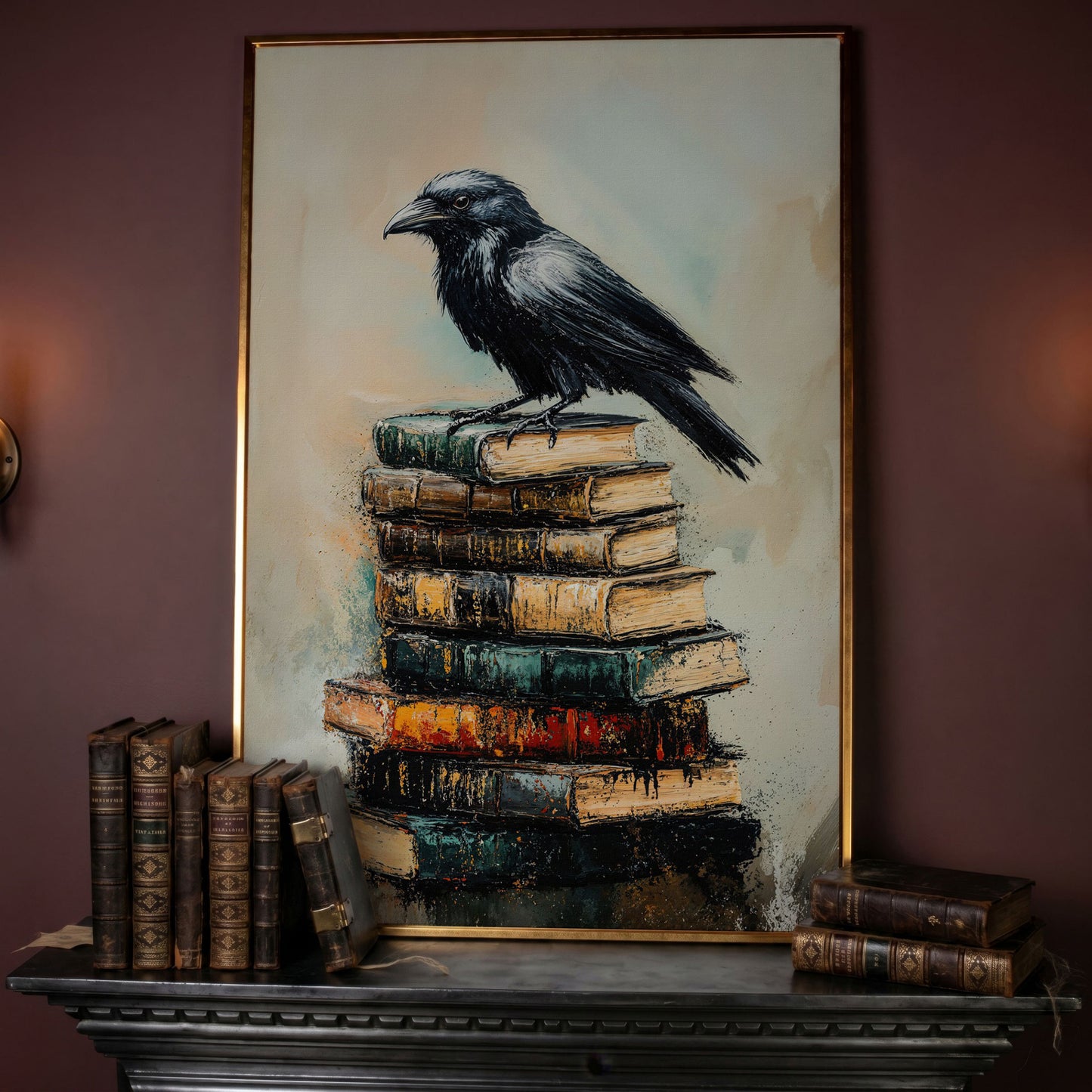 Raven on Book Stack Canvas Print in rose gold floating frame