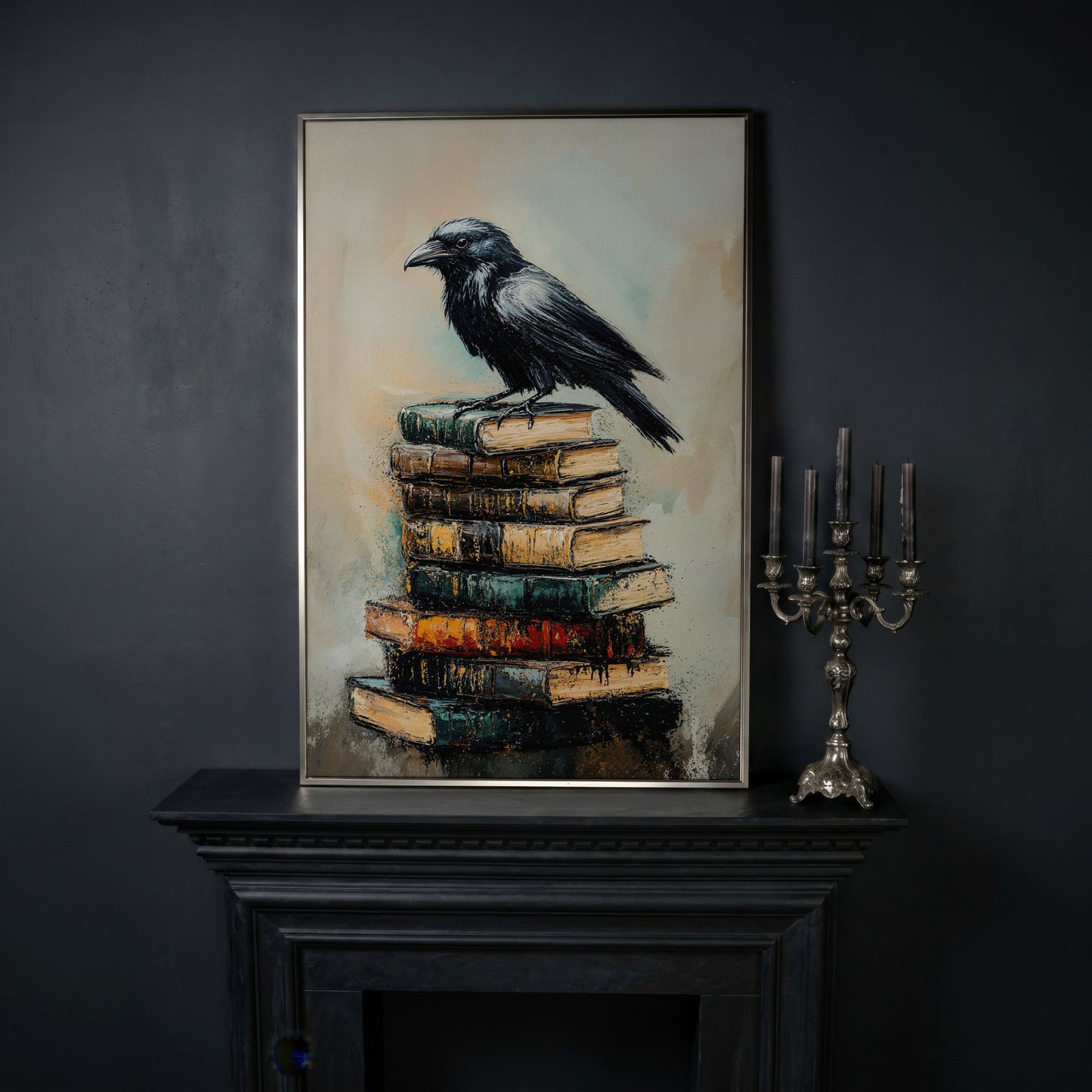 Raven on Book Stack Canvas Print in silver floating frame