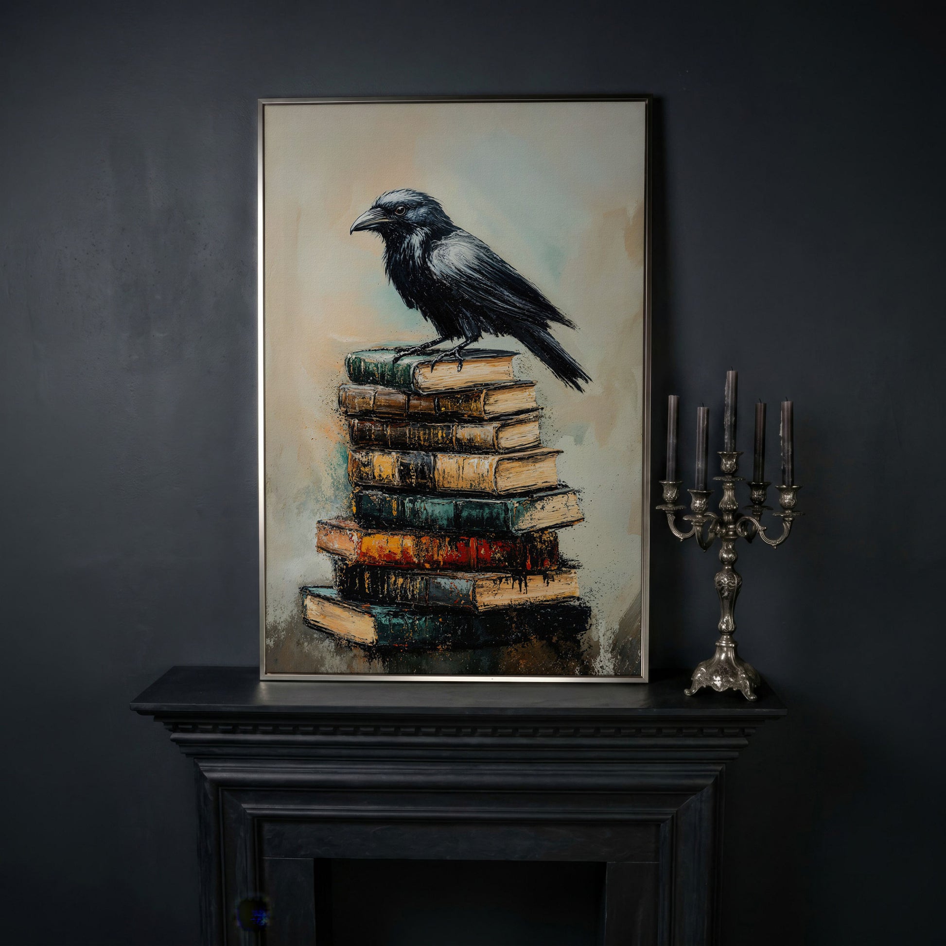 Raven on Book Stack Canvas Print in silver floating frame