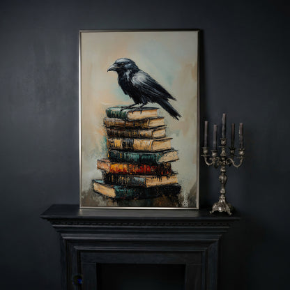 Raven on Book Stack Canvas Print in silver floating frame