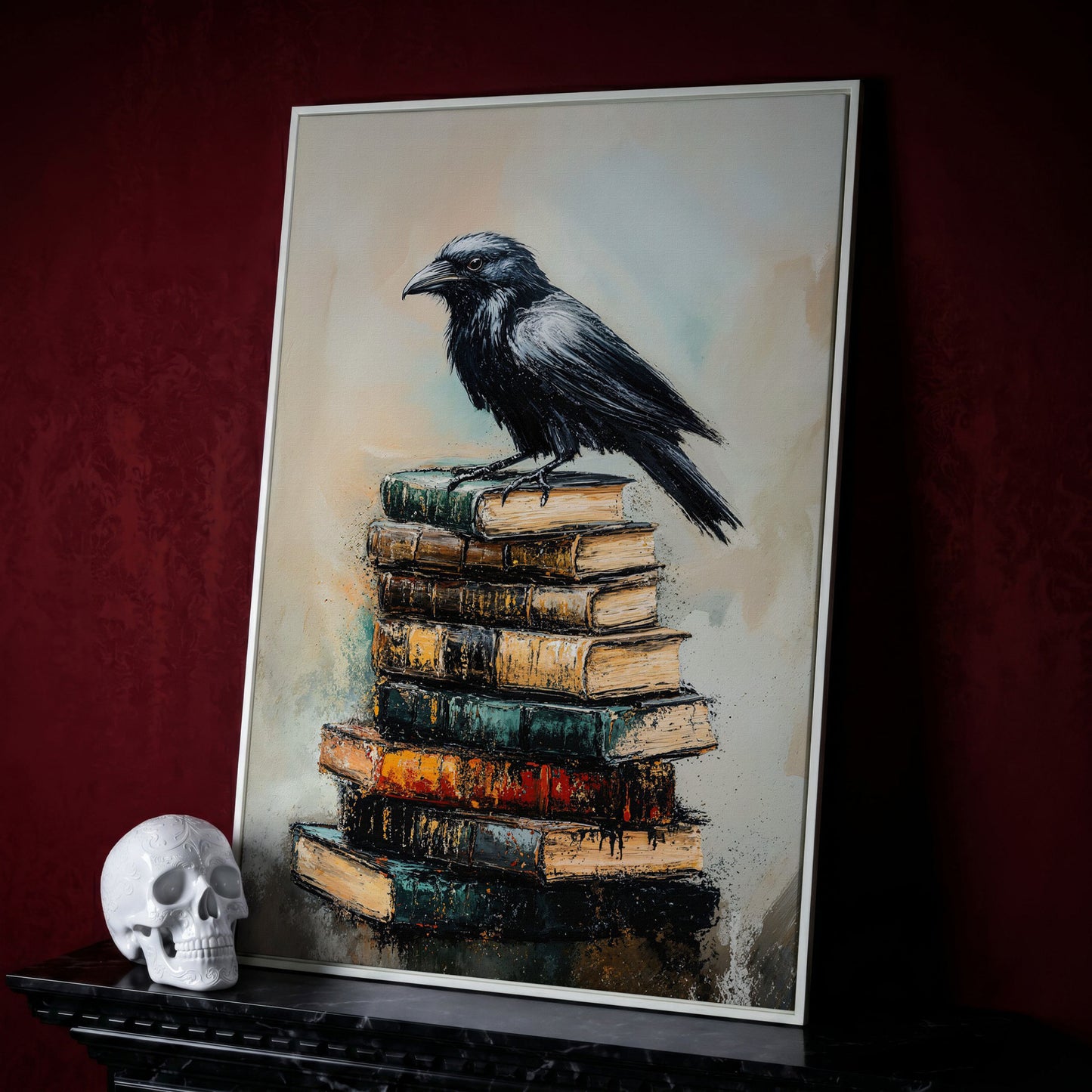 Raven on Book Stack Canvas Print in white floating frame
