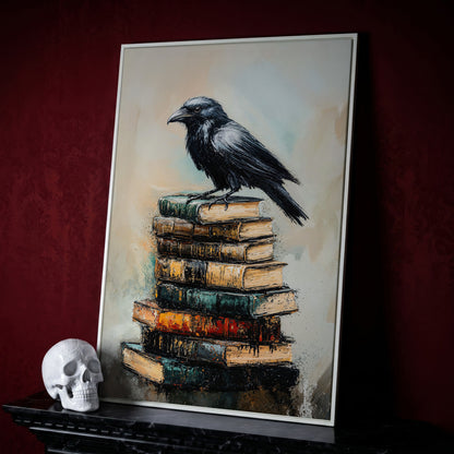 Raven on Book Stack Canvas Print in white floating frame