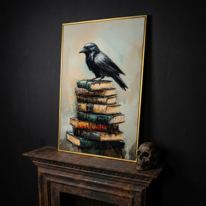Raven on Book Stack Canvas Print in yellow gold floating frame