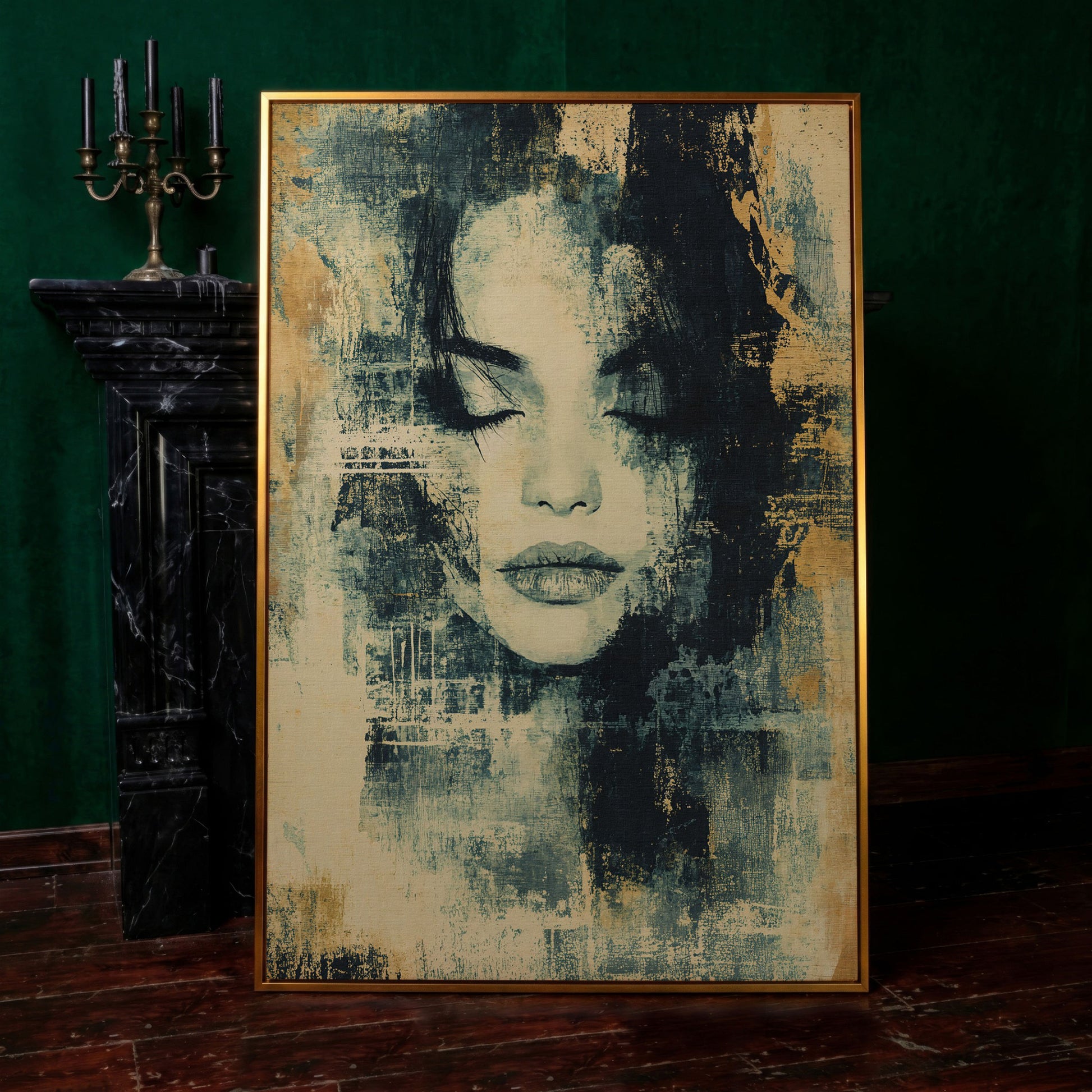 Abstract Woman Portrait Canvas Art with Closed Eyes in antique gold floating frame