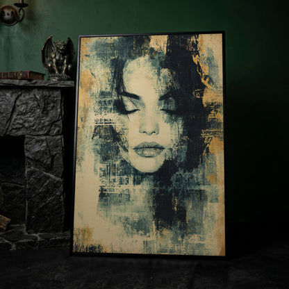 Abstract Woman Portrait Canvas Art with Closed Eyes in black floating frame