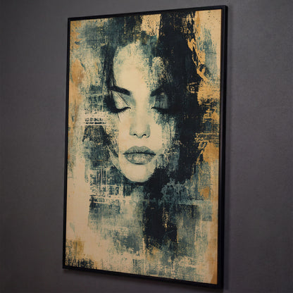Abstract Woman Portrait Canvas Art with Closed Eyes shown in black floating frame