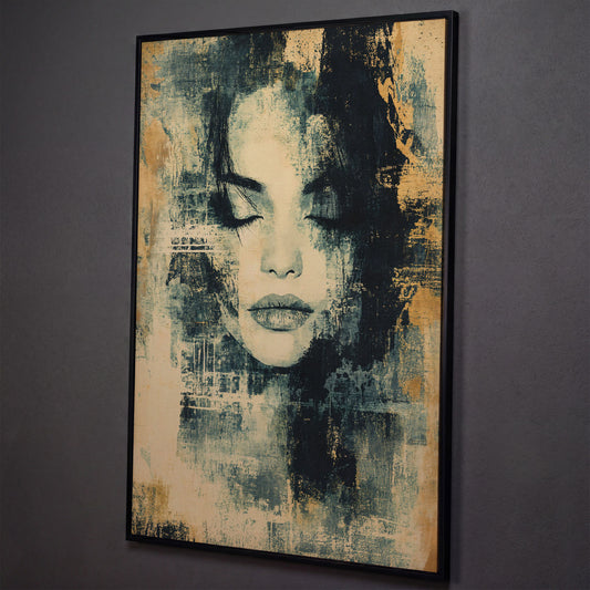 Abstract Woman Portrait Canvas Art with Closed Eyes shown in black floating frame
