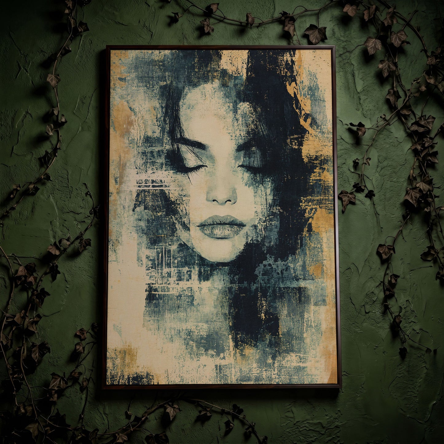 Abstract Woman Portrait Canvas Art with Closed Eyes in dark walnut floating frame