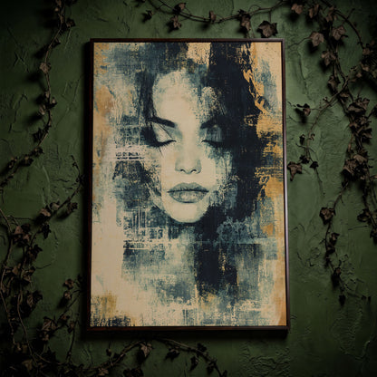 Abstract Woman Portrait Canvas Art with Closed Eyes in dark walnut floating frame