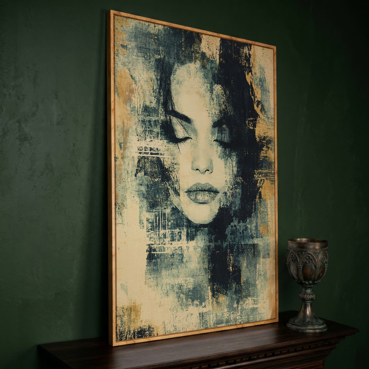 Abstract Woman Portrait Canvas Art with Closed Eyes in white oak floating frame