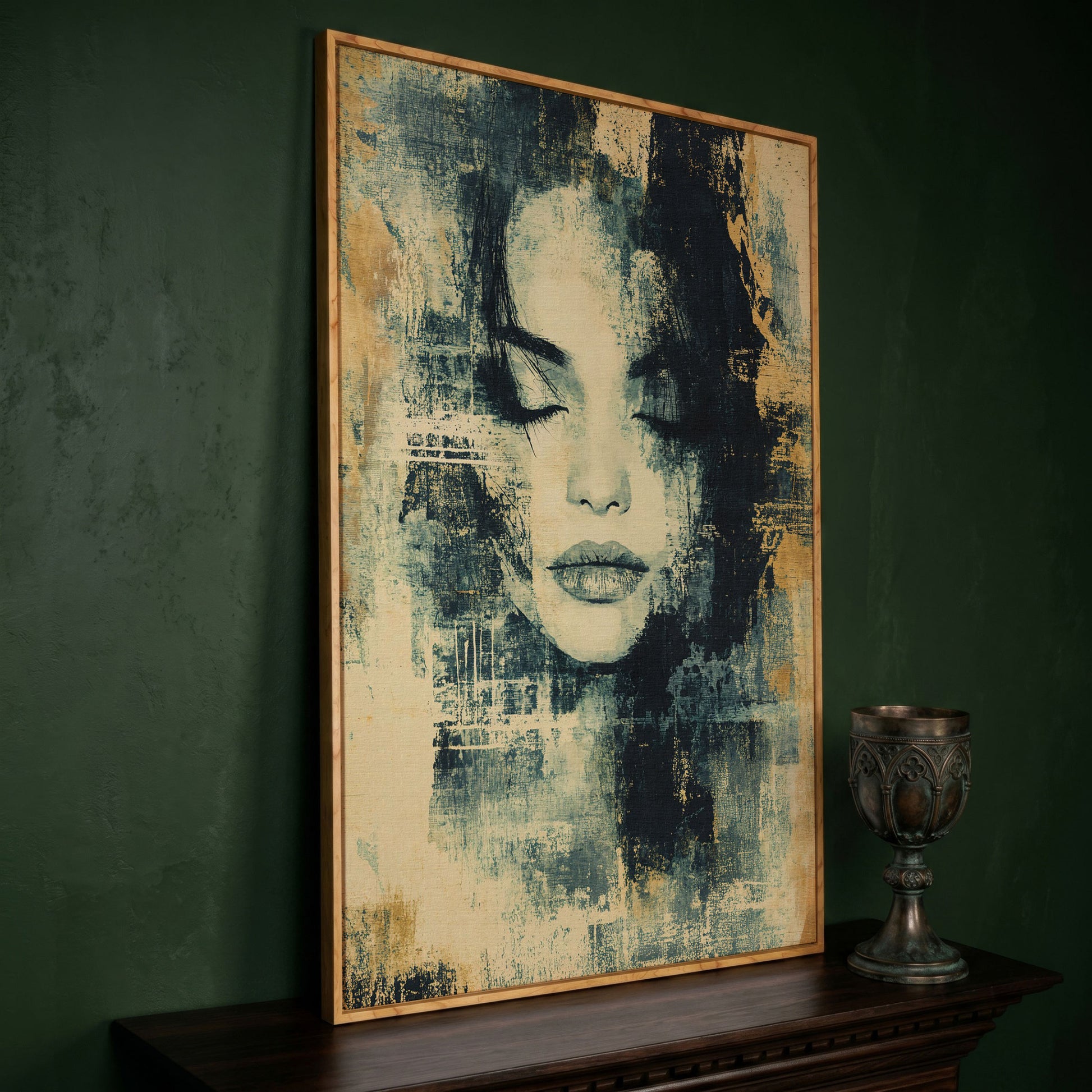 Abstract Woman Portrait Canvas Art with Closed Eyes in white oak floating frame
