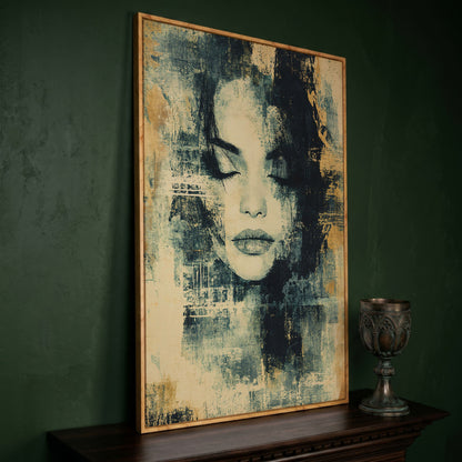 Abstract Woman Portrait Canvas Art with Closed Eyes in white oak floating frame