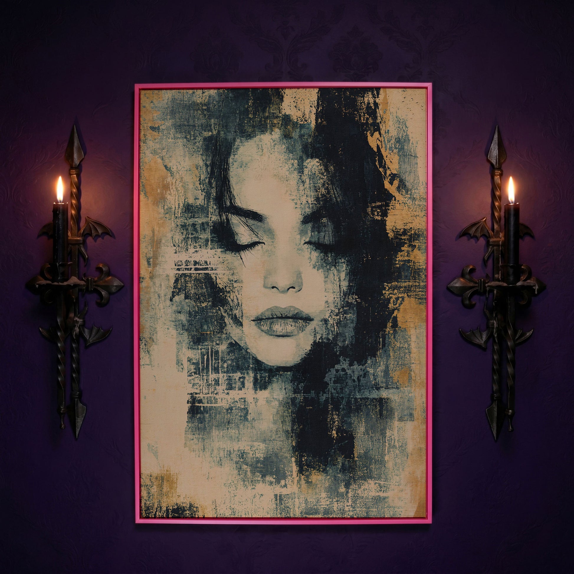 Abstract Woman Portrait Canvas Art with Closed Eyes in pink floating frame