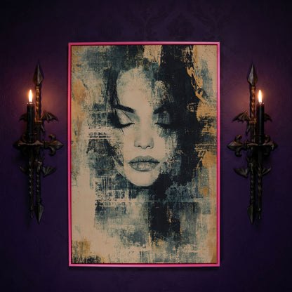 Abstract Woman Portrait Canvas Art with Closed Eyes in pink floating frame