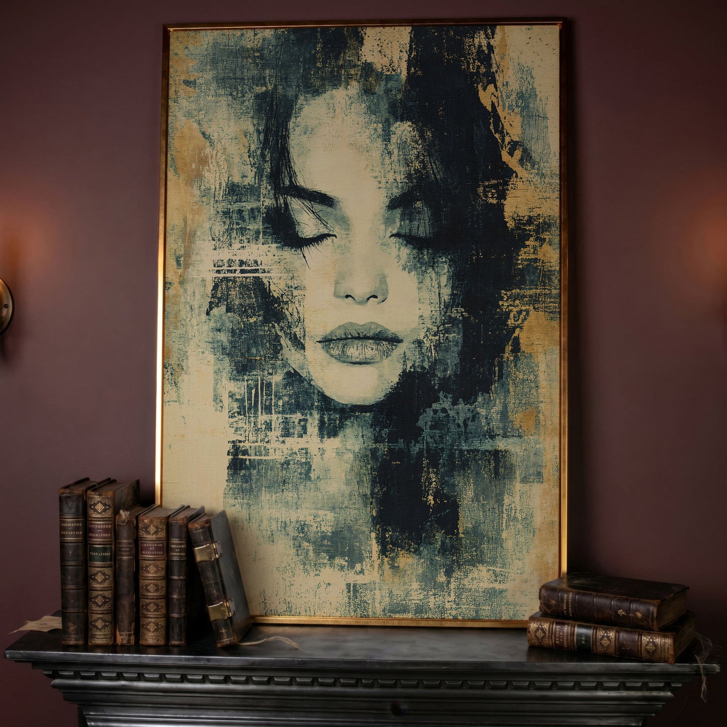 Abstract Woman Portrait Canvas Art with Closed Eyes in rose gold floating frame