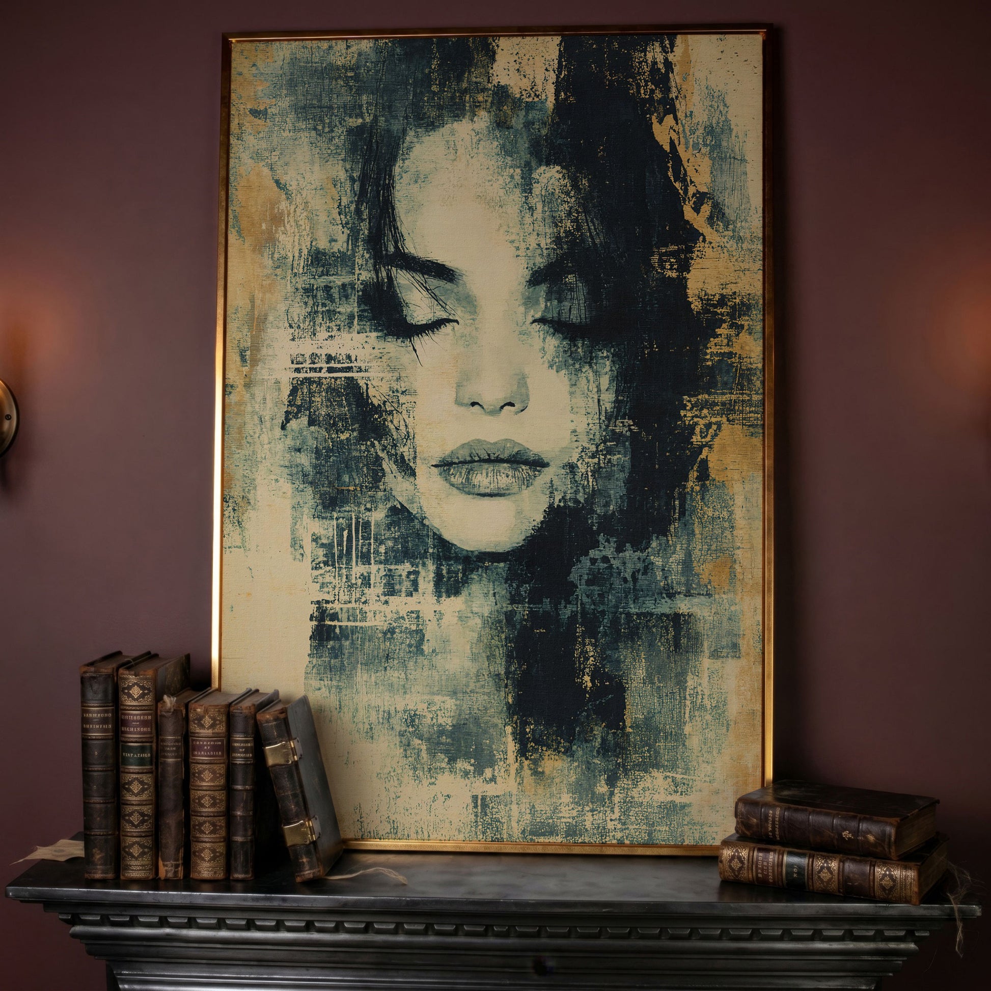 Abstract Woman Portrait Canvas Art with Closed Eyes in rose gold floating frame