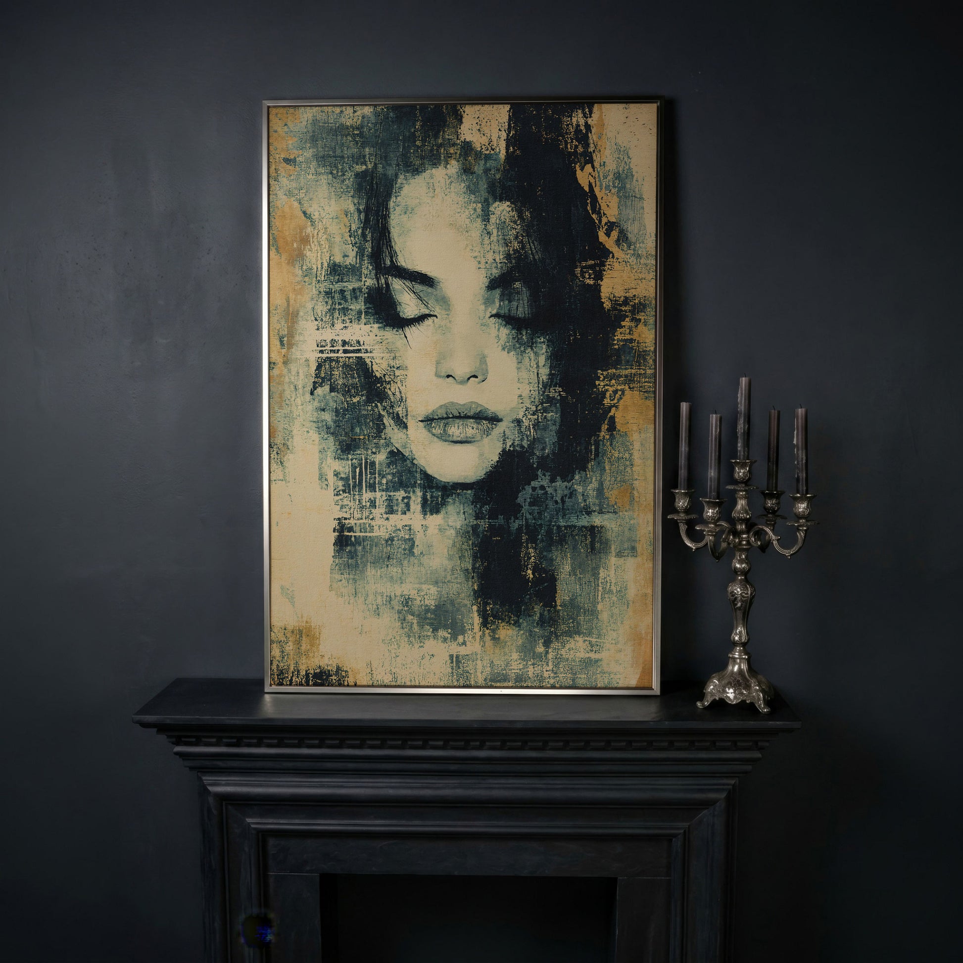 Abstract Woman Portrait Canvas Art with Closed Eyes in silver floating frame