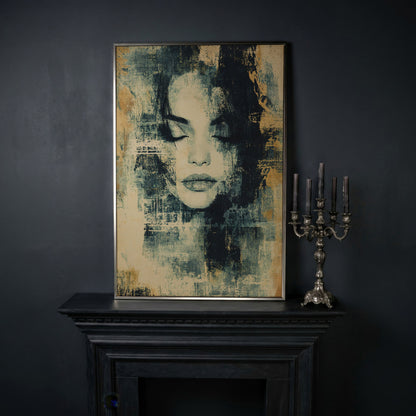 Abstract Woman Portrait Canvas Art with Closed Eyes in silver floating frame