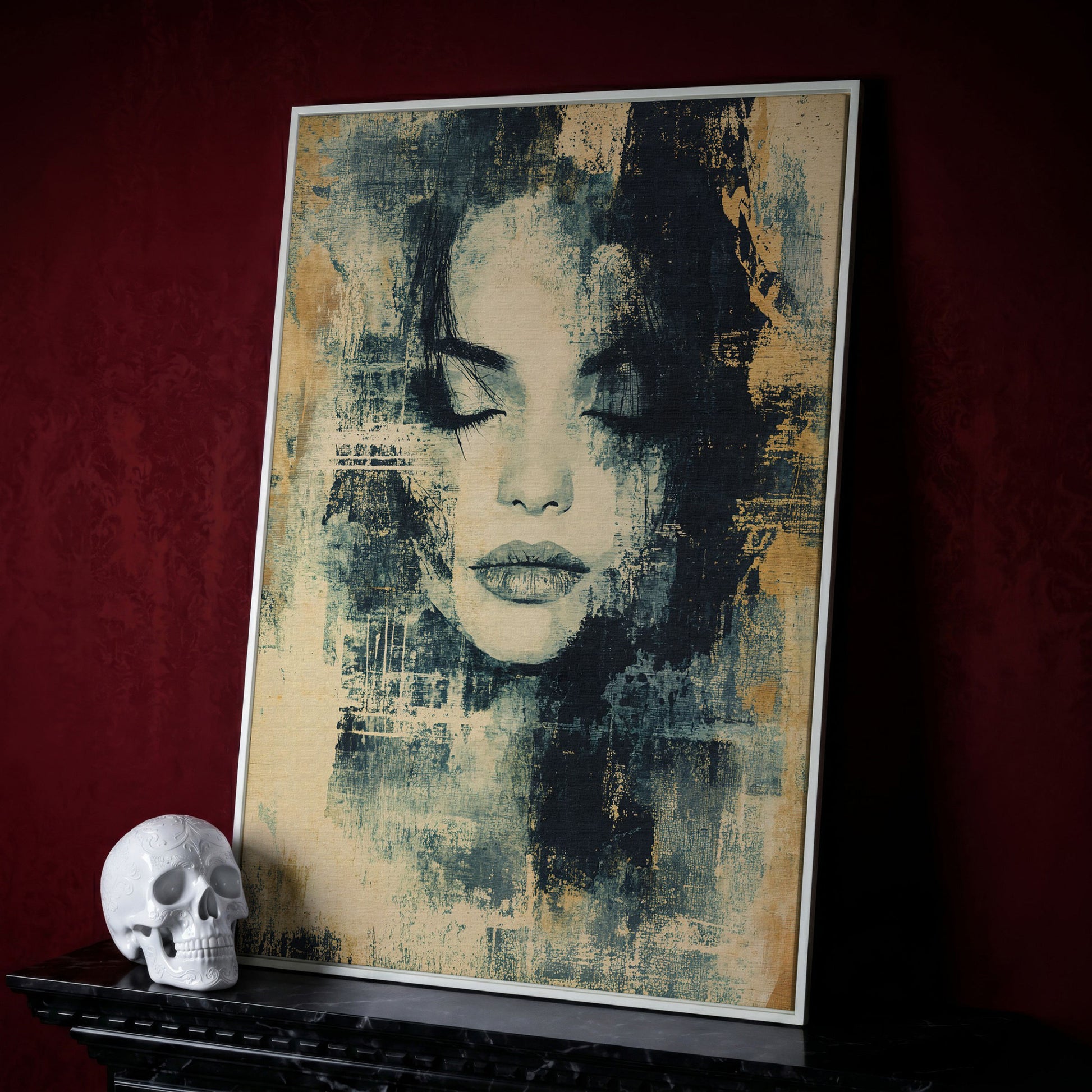 Abstract Woman Portrait Canvas Art with Closed Eyes in white floating frame