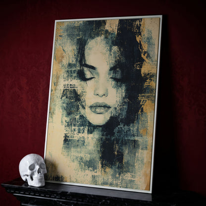 Abstract Woman Portrait Canvas Art with Closed Eyes in white floating frame