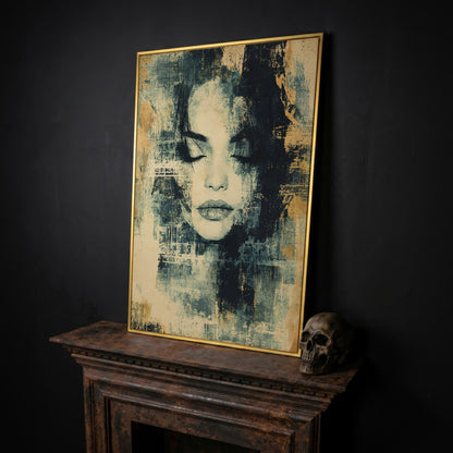 Abstract Woman Portrait Canvas Art with Closed Eyes in yellow gold floating frame