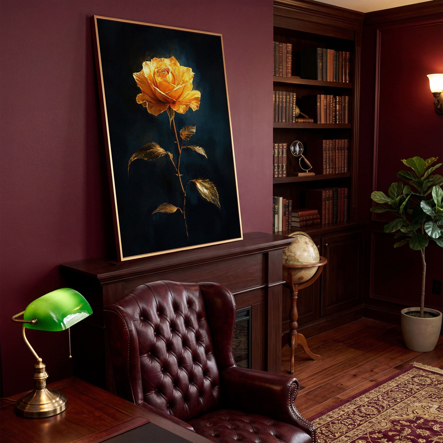 Yellow Rose with Golden Leaves Canvas Wall Art in antique gold floating frame