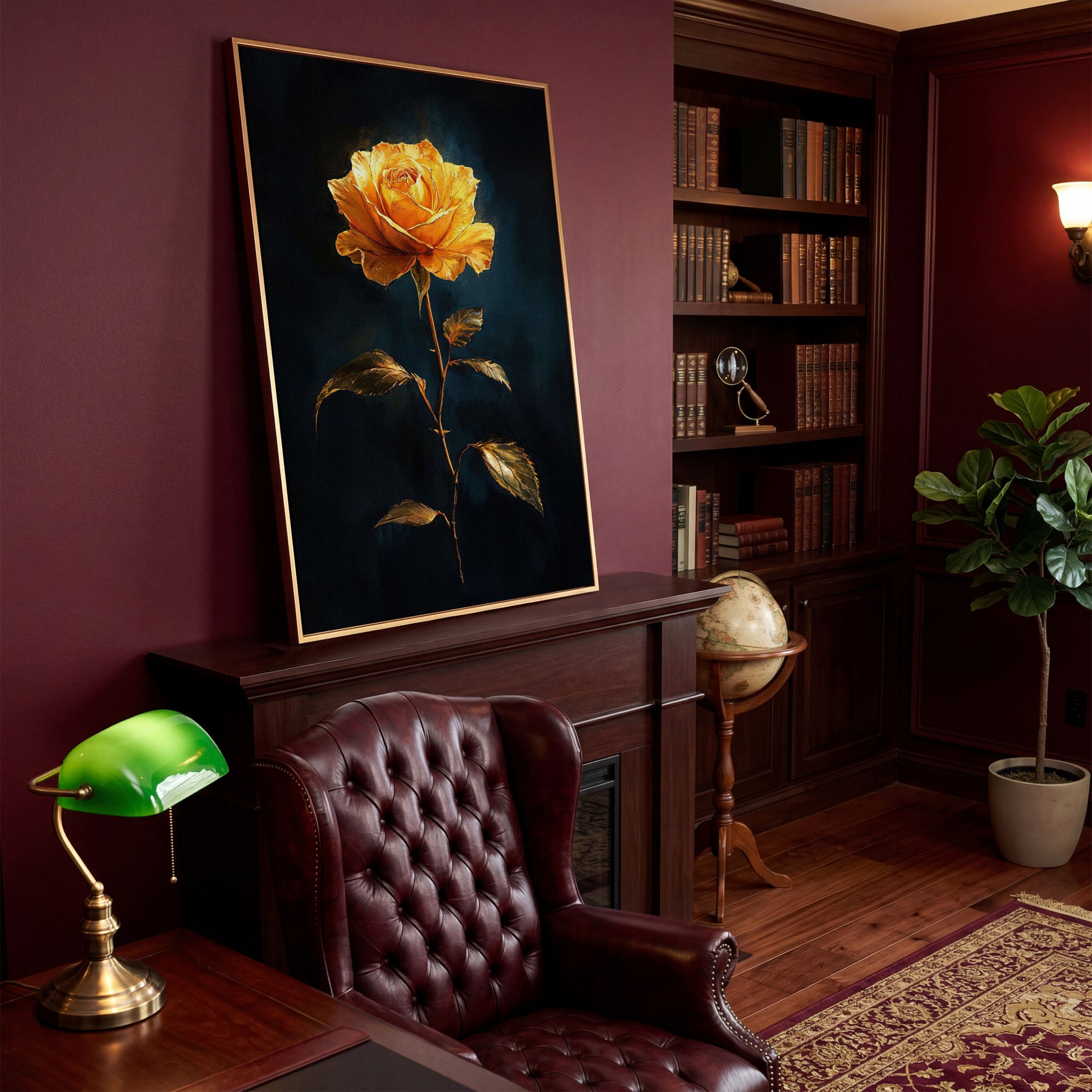 Yellow Rose with Golden Leaves Canvas Wall Art in antique gold floating frame