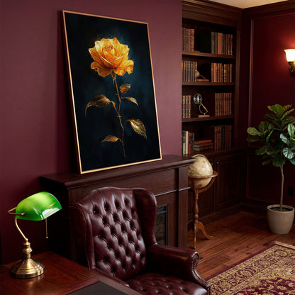 Yellow Rose with Golden Leaves Canvas Wall Art in antique gold floating frame