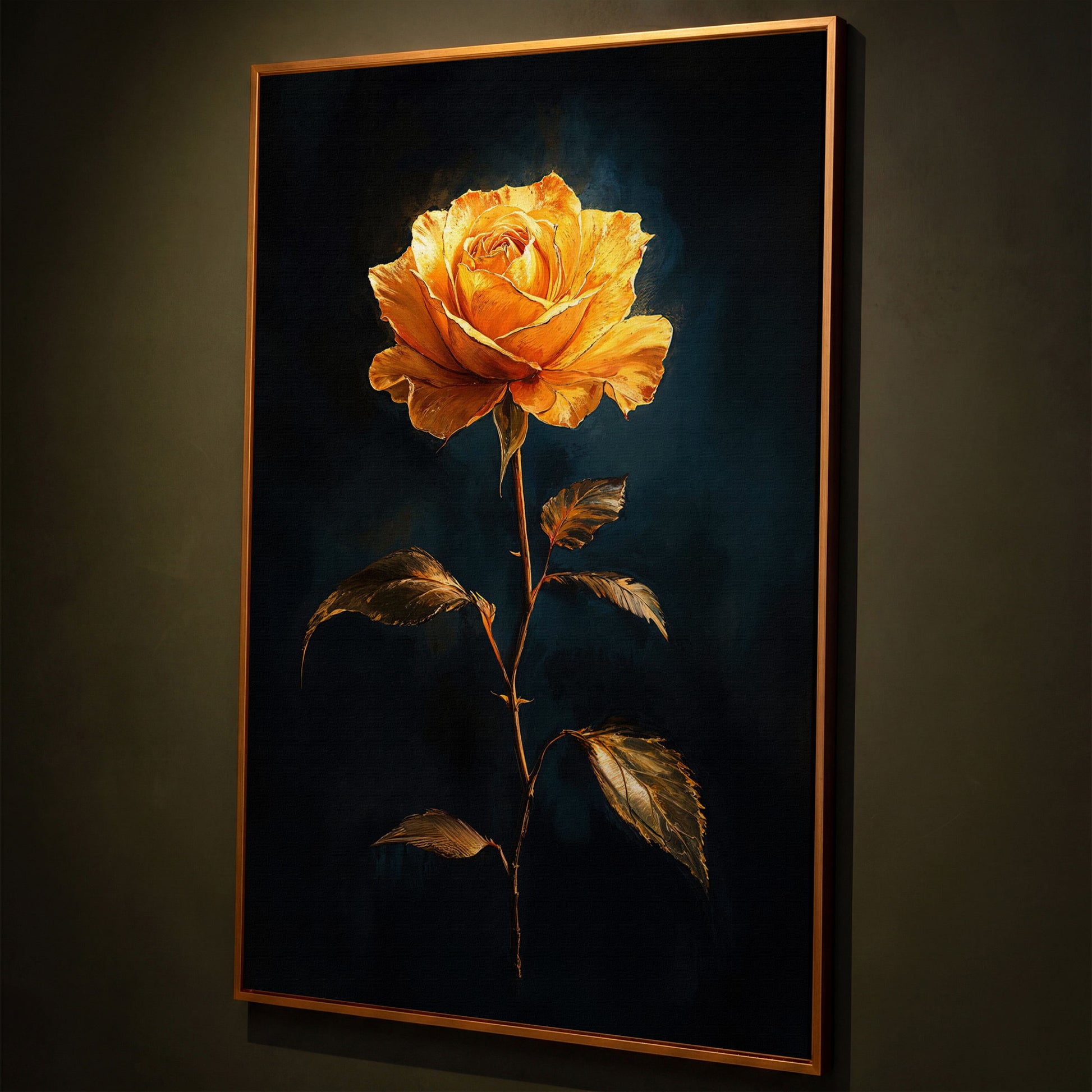 Yellow Rose with Golden Leaves Canvas Wall Art shown in antique gold floating frame