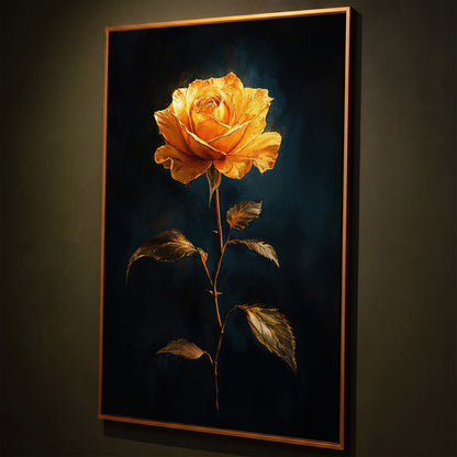 Yellow Rose with Golden Leaves Canvas Wall Art shown in antique gold floating frame